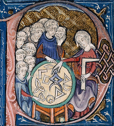  da Wikipedia: Woman teaching geometry. Illustrazione all'inizio di  una trascrizione medievale degli Elementi di Euclide (c. 1310).  Probabilmente una allegoria della Geometria.   